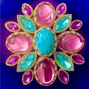 VNTG RARE Joan Rivers Maltese Cross Brooch.Pink & Turquoise Glass. Gold Setting.